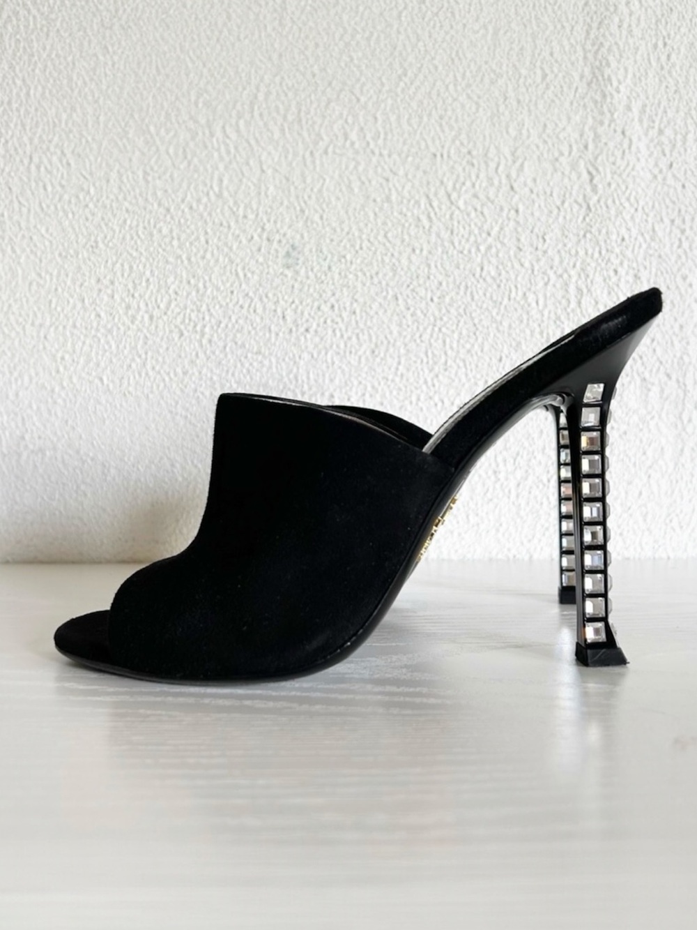 Prada Black Suede Crystal Heel Mules Sandals Size EU 38 Statement Heels